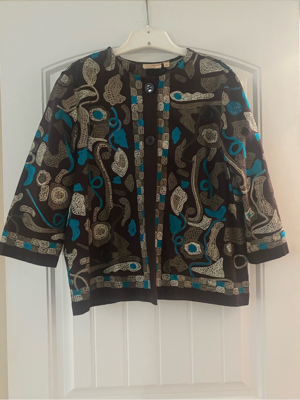 Choices Black Button-Front Patterned Cardigan with Teal and Cream Accents